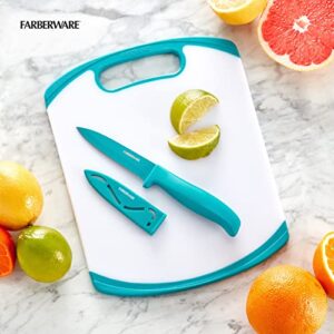 Farberware 2-Piece Paring Knife and Cutting Board Set, 3.5-Inch Paring Knife with Resin Coating and Custom-Fit Blade Cover and Non-Slip Plastic Chopping Board, Dishwasher-Safe Set, White/Blue