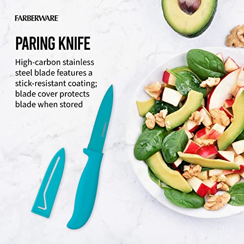 Farberware 2-Piece Paring Knife and Cutting Board Set, 3.5-Inch Paring Knife with Resin Coating and Custom-Fit Blade Cover and Non-Slip Plastic Chopping Board, Dishwasher-Safe Set, White/Blue