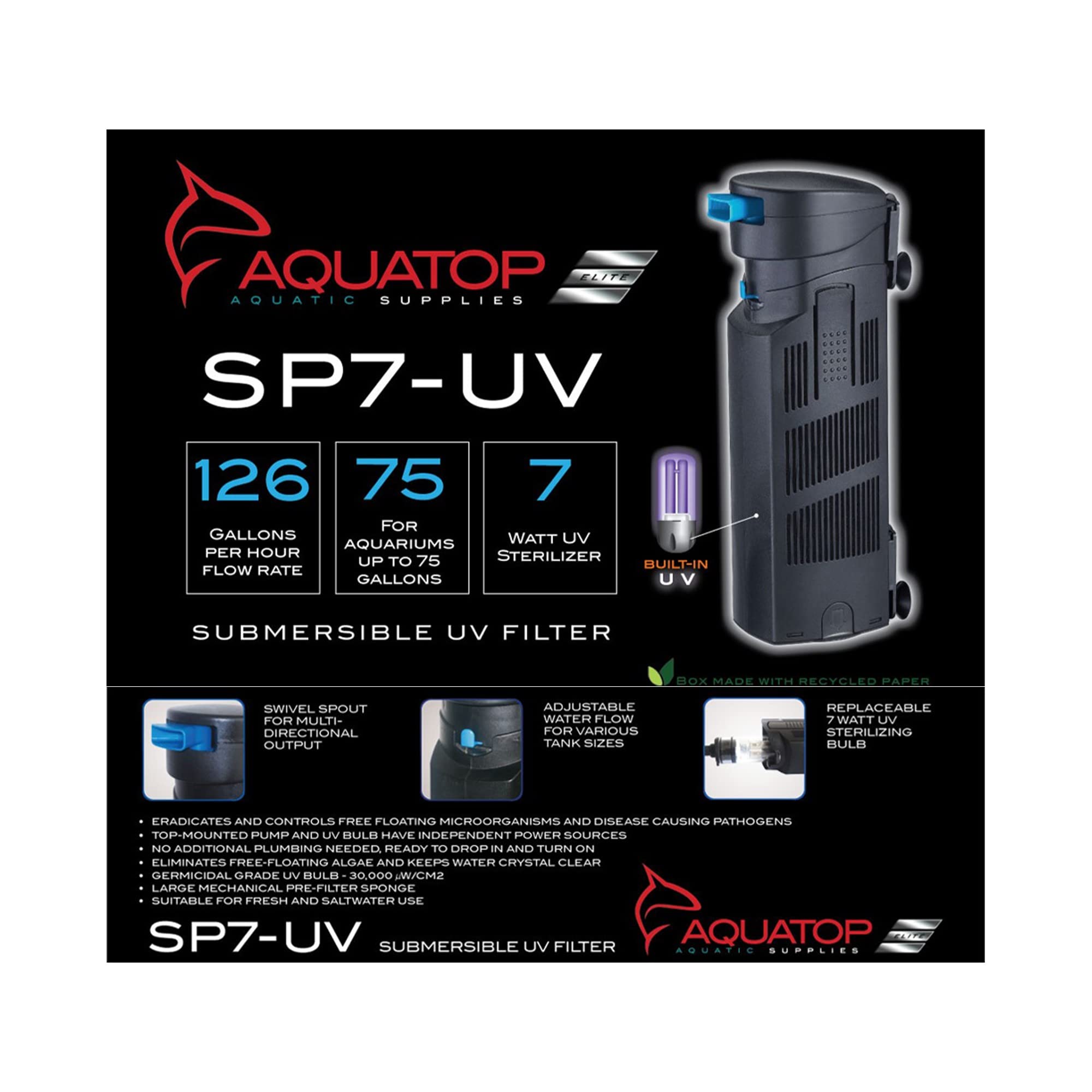 Aquatop 72-126 GPH Internal Filter with 7W UV Light - For Up To 75 Gallon Fish Tanks, UV For Crystal Clear Water, Fresh & Saltwater Use, Aquarium Filters For Fish & Turtle Tanks, SP7-UV