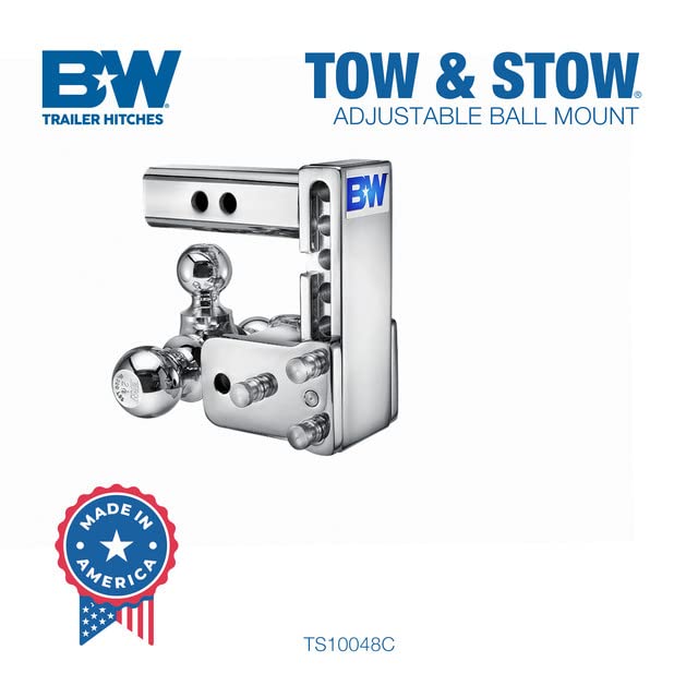 B&W Trailer Hitches Chrome Tow & Stow Adjustable Trailer Hitch Ball Mount - Fits 2" Receiver, Tri-Ball (1-7/8" x 2" x 2-5/16"), 5" Drop, 10,000 GTW - TS10048C