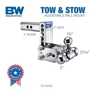 B&W Trailer Hitches Chrome Tow & Stow Adjustable Trailer Hitch Ball Mount - Fits 2" Receiver, Tri-Ball (1-7/8" x 2" x 2-5/16"), 5" Drop, 10,000 GTW - TS10048C