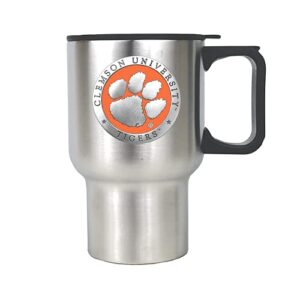 heritage pewter clemson14 oz. travel mug | insulated tumbler for coffee, beverages | intricately crafted metal pewter alma mater inlay