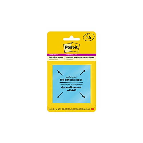 Post-it Super Sticky Full Stick Notes, 3 in x 3 in, 4 Pads, 2x the Sticking Power, Energy Boost Collection, Bright Colors (Orange, Pink, Blue, Green), Recyclable (F330-4SSAU)