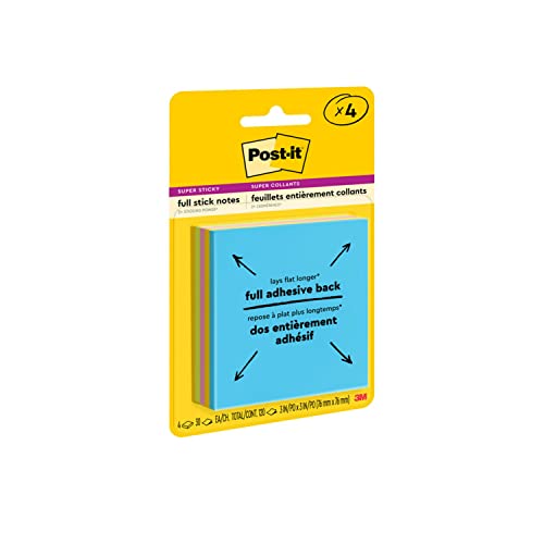 Post-it Super Sticky Full Stick Notes, 3 in x 3 in, 4 Pads, 2x the Sticking Power, Energy Boost Collection, Bright Colors (Orange, Pink, Blue, Green), Recyclable (F330-4SSAU)