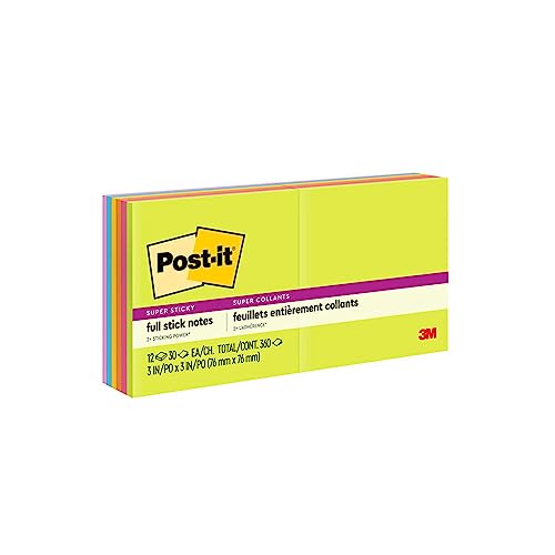 Post-it Super Sticky Full Stick Notes, 3x3 in, 12 Pads, 2x the Sticking Power, Energy Boost Collection, Bright Colors (Orange, Pink, Blue, Green), Recyclable (F330-12SSAU)