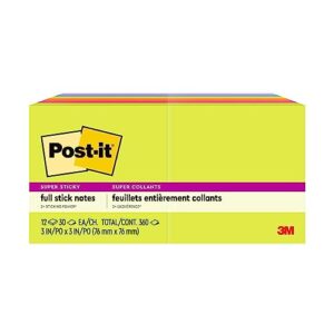 Post-it Super Sticky Full Stick Notes, 3x3 in, 12 Pads, 2x the Sticking Power, Energy Boost Collection, Bright Colors (Orange, Pink, Blue, Green), Recyclable (F330-12SSAU)