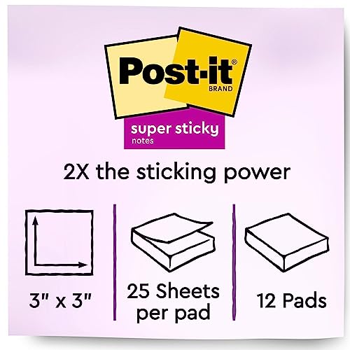 Post-it Super Sticky Full Stick Notes, 3x3 in, 12 Pads, 2x the Sticking Power, Energy Boost Collection, Bright Colors (Orange, Pink, Blue, Green), Recyclable (F330-12SSAU)