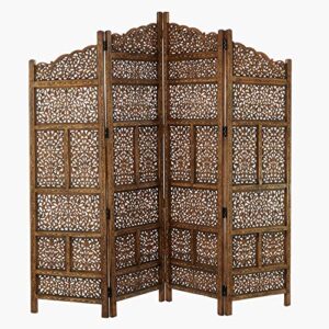 deco 79 wood floral handmade hinged foldable arched partition 4 panel room divider screen with intricately carved designs, 80" x 1" x 72", brown