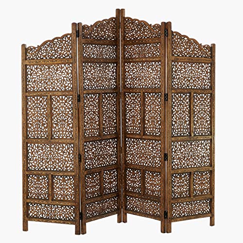 Deco 79 Wood Floral Handmade Hinged Foldable Arched Partition 4 Panel Room Divider Screen with Intricately Carved Designs, 80" x 1" x 72", Brown