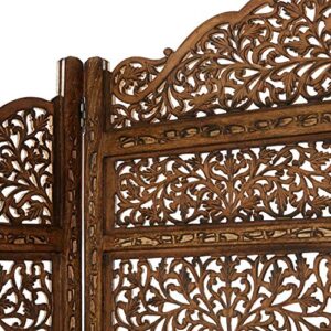 Deco 79 Wood Floral Handmade Hinged Foldable Arched Partition 4 Panel Room Divider Screen with Intricately Carved Designs, 80" x 1" x 72", Brown