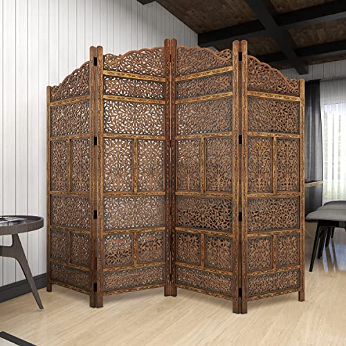 Deco 79 Wood Floral Handmade Hinged Foldable Arched Partition 4 Panel Room Divider Screen with Intricately Carved Designs, 80" x 1" x 72", Brown