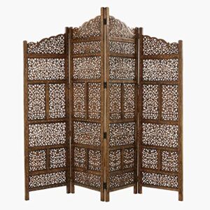 Deco 79 Wood Floral Handmade Hinged Foldable Arched Partition 4 Panel Room Divider Screen with Intricately Carved Designs, 80" x 1" x 72", Brown