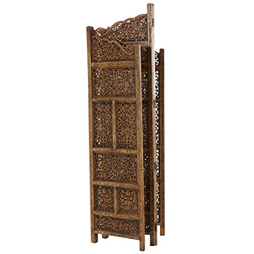 Deco 79 Wood Floral Handmade Hinged Foldable Arched Partition 4 Panel Room Divider Screen with Intricately Carved Designs, 80" x 1" x 72", Brown