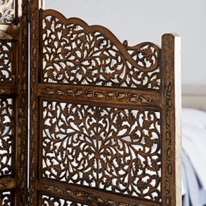 Deco 79 Wood Floral Handmade Hinged Foldable Arched Partition 4 Panel Room Divider Screen with Intricately Carved Designs, 80" x 1" x 72", Brown