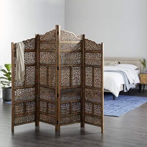 Deco 79 Wood Floral Handmade Hinged Foldable Arched Partition 4 Panel Room Divider Screen with Intricately Carved Designs, 80" x 1" x 72", Brown