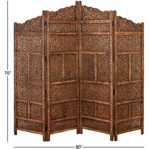 Deco 79 Wood Floral Handmade Hinged Foldable Arched Partition 4 Panel Room Divider Screen with Intricately Carved Designs, 80" x 1" x 72", Brown