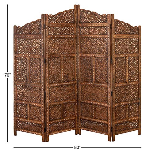 Deco 79 Wood Floral Handmade Hinged Foldable Arched Partition 4 Panel Room Divider Screen with Intricately Carved Designs, 80" x 1" x 72", Brown