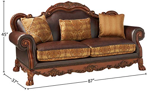 ACME Dresden Sofa w/3 Pillows - 15160 - Brown PU & Chenille - Cherry Oak