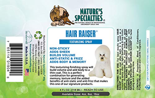 Nature's Specialties Hair Raiser Dog Texturizing Spray for Pets, Natural Choice for Professional Groomers, Builds Volume, Made in USA, 8 oz