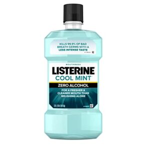 listerine zero alcohol mouthwash, alcohol-free oral rinse to kill 99% of germs that cause bad breath for fresh breath & clean mouth, less intense taste, cool mint flavor, 1 l