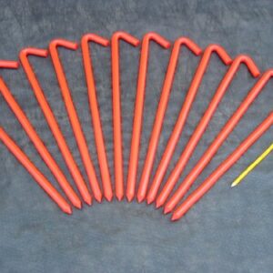 A 12 Pack of 18" long metal hook stakes.coated in Safety Orange Baked on Enamel