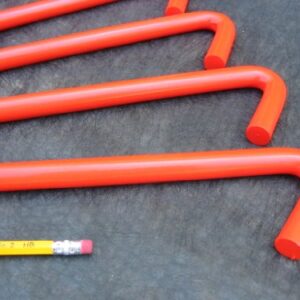 A 12 Pack of 18" long metal hook stakes.coated in Safety Orange Baked on Enamel