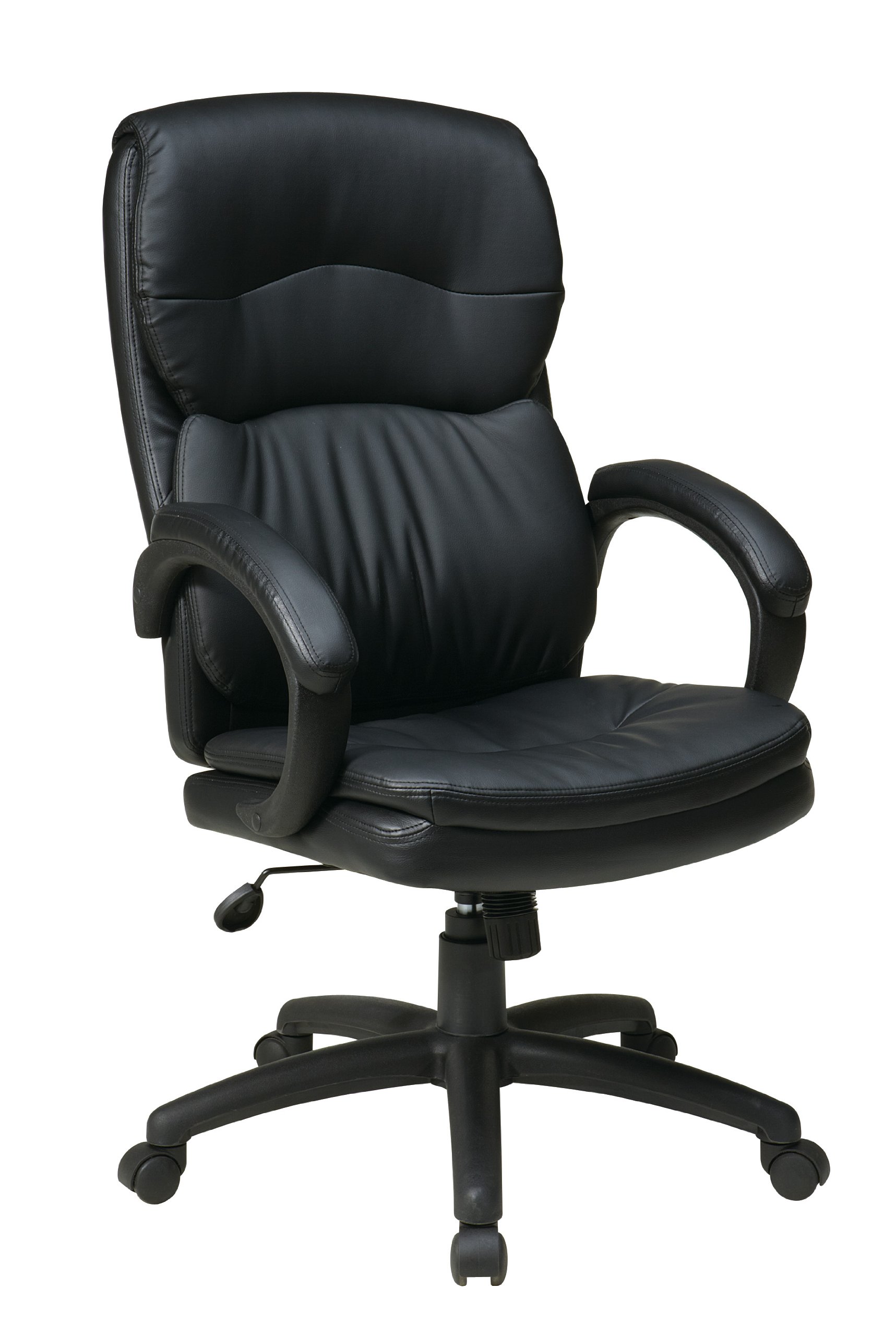 Office Star EC Series Executive Bonded Leather High Back Adjustable Office Chair with Thick Padded Contour Seat and Padded C Armrests, Black