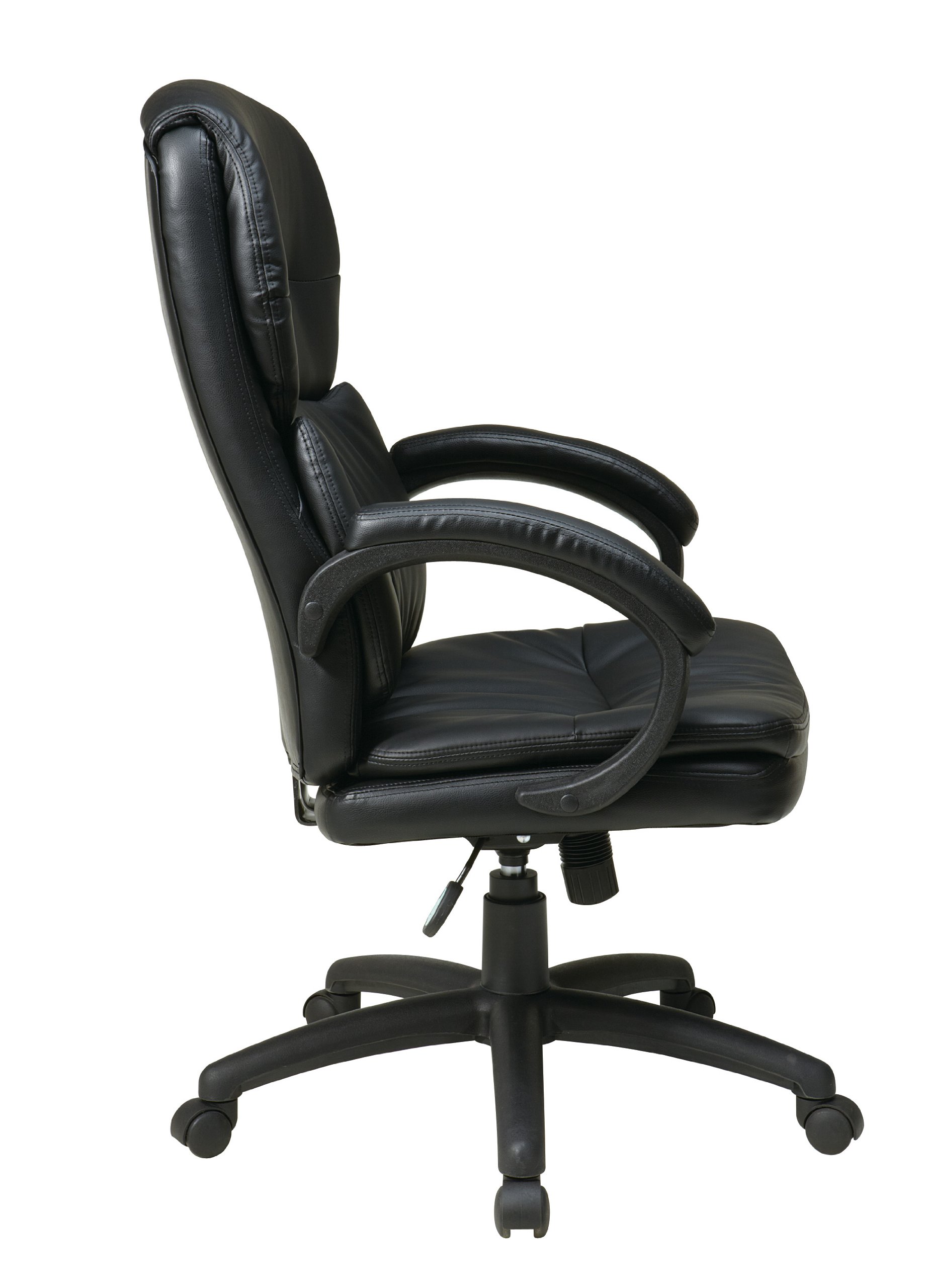 Office Star EC Series Executive Bonded Leather High Back Adjustable Office Chair with Thick Padded Contour Seat and Padded C Armrests, Black