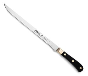 arcos carving knife 10 inch stainless steel. ham slicer knife for cutting ham and meat. ergonomic polyoxymethylene handle and 250mm blade. series regia. color black/gold