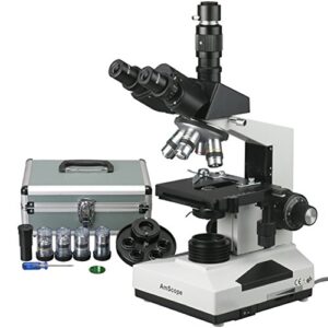 amscope t490a-pct compound trinocular microscope with phase-contrast turret, wf10x and wf16x eyepieces, 40x-1600x magnification, brightfield/darkfield, halogen illumination, abbe condenser, double-layer mechanical stage, sliding head, high-resolution opti