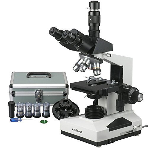 AmScope T490A-PCT Compound Trinocular Microscope with Phase-Contrast Turret, WF10x and WF16x Eyepieces, 40X-1600X Magnification, Brightfield/Darkfield, Halogen Illumination, Abbe Condenser, Double-Layer Mechanical Stage, Sliding Head, High-Resolution Opti