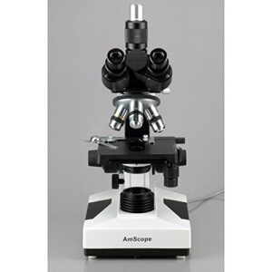 AmScope T490A-PCT Compound Trinocular Microscope with Phase-Contrast Turret, WF10x and WF16x Eyepieces, 40X-1600X Magnification, Brightfield/Darkfield, Halogen Illumination, Abbe Condenser, Double-Layer Mechanical Stage, Sliding Head, High-Resolution Opti