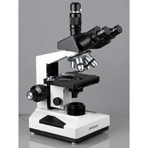 AmScope T490A-PCT Compound Trinocular Microscope with Phase-Contrast Turret, WF10x and WF16x Eyepieces, 40X-1600X Magnification, Brightfield/Darkfield, Halogen Illumination, Abbe Condenser, Double-Layer Mechanical Stage, Sliding Head, High-Resolution Opti