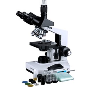 amscope t490a-dk compound trinocular microscope, wf10x and wf16x eyepieces, 40x-1600x magnification, brightfield/darkfield, halogen illumination, abbe condenser, double-layer mechanical stage, sliding head, high-resolution optics
