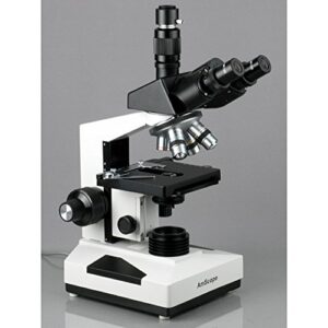 AmScope T490A-5M Digital Compound Trinocular Microscope, WF10x and WF16x Eyepieces, 40X-1600X Magnification, Brightfield, Halogen Illumination, Abbe Condenser, Double-Layer Mechanical Stage, Sliding Head, High-Resolution Optics, Includes 5MP Camera with R