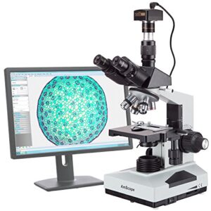 AmScope T490A-5M Digital Compound Trinocular Microscope, WF10x and WF16x Eyepieces, 40X-1600X Magnification, Brightfield, Halogen Illumination, Abbe Condenser, Double-Layer Mechanical Stage, Sliding Head, High-Resolution Optics, Includes 5MP Camera with R