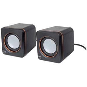manhattan usb powered stereo speaker system - small size - with volume control & 3.5 mm aux audio plug to connect to laptop, notebook, desktop, computer - 3 yr mfg warranty - black orange, 161435