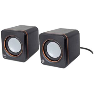 Manhattan USB Powered Stereo Speaker System - Small Size - with Volume Control & 3.5 mm Aux Audio Plug to Connect to Laptop, Notebook, Desktop, Computer - 3 Yr Mfg Warranty - Black Orange, 161435