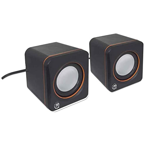 Manhattan USB Powered Stereo Speaker System - Small Size - with Volume Control & 3.5 mm Aux Audio Plug to Connect to Laptop, Notebook, Desktop, Computer - 3 Yr Mfg Warranty - Black Orange, 161435