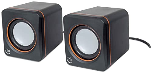 Manhattan USB Powered Stereo Speaker System - Small Size - with Volume Control & 3.5 mm Aux Audio Plug to Connect to Laptop, Notebook, Desktop, Computer - 3 Yr Mfg Warranty - Black Orange, 161435