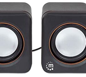 Manhattan USB Powered Stereo Speaker System - Small Size - with Volume Control & 3.5 mm Aux Audio Plug to Connect to Laptop, Notebook, Desktop, Computer - 3 Yr Mfg Warranty - Black Orange, 161435