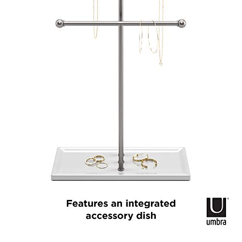 Umbra Trigem Hanging Jewelry Organizer Tiered Tabletop Free Standing Necklace Holder Display, 3, White/Nickel