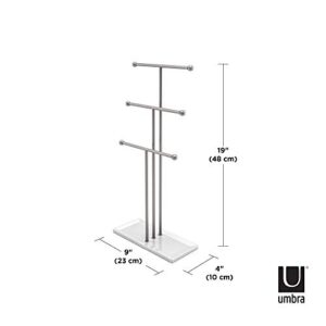 Umbra Trigem Hanging Jewelry Organizer Tiered Tabletop Free Standing Necklace Holder Display, 3, White/Nickel