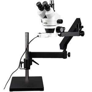 amscope sm-7tz-frl professional trinocular stereo zoom microscope, wh10x eyepieces, 3.5x-90x magnification, 0.7x-4.5x zoom objective, 8w fluorescent ring light, articulating-arm boom stand, 110v-120v, includes 0.5x and 2.0x barlow lenses