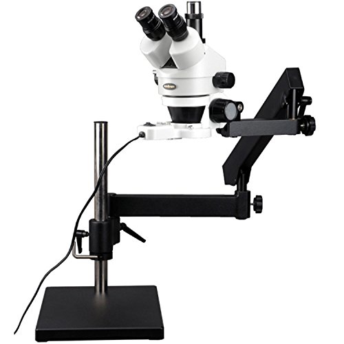 AmScope SM-7TZ-FRL Professional Trinocular Stereo Zoom Microscope, WH10x Eyepieces, 3.5X-90X Magnification, 0.7X-4.5X Zoom Objective, 8W Fluorescent Ring Light, Articulating-Arm Boom Stand, 110V-120V, Includes 0.5X and 2.0X Barlow Lenses