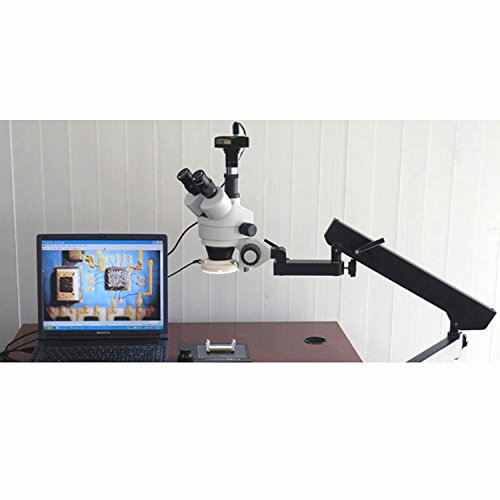 AmScope SM-7TZ-FRL Professional Trinocular Stereo Zoom Microscope, WH10x Eyepieces, 3.5X-90X Magnification, 0.7X-4.5X Zoom Objective, 8W Fluorescent Ring Light, Articulating-Arm Boom Stand, 110V-120V, Includes 0.5X and 2.0X Barlow Lenses