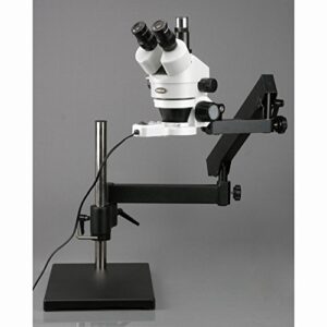 AmScope SM-7TZ-FRL Professional Trinocular Stereo Zoom Microscope, WH10x Eyepieces, 3.5X-90X Magnification, 0.7X-4.5X Zoom Objective, 8W Fluorescent Ring Light, Articulating-Arm Boom Stand, 110V-120V, Includes 0.5X and 2.0X Barlow Lenses