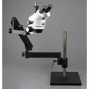 AmScope SM-7TZ-FRL Professional Trinocular Stereo Zoom Microscope, WH10x Eyepieces, 3.5X-90X Magnification, 0.7X-4.5X Zoom Objective, 8W Fluorescent Ring Light, Articulating-Arm Boom Stand, 110V-120V, Includes 0.5X and 2.0X Barlow Lenses