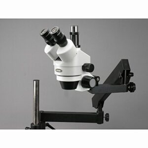 AmScope SM-7TZ-FRL Professional Trinocular Stereo Zoom Microscope, WH10x Eyepieces, 3.5X-90X Magnification, 0.7X-4.5X Zoom Objective, 8W Fluorescent Ring Light, Articulating-Arm Boom Stand, 110V-120V, Includes 0.5X and 2.0X Barlow Lenses