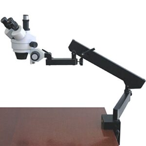 amscope sm-6t trinocular stereo zoom microscope, wh10x eyepieces, 7x-45x magnification, 0.7x-4.5x zoom objective, ambient lighting, clamping articulating arm stand